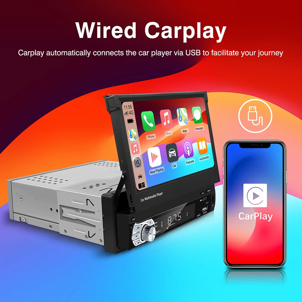 Carplay Android Auto Universal 1 Din MP5 Player 7 Inch Retractable Touch Screen Car Player HD FM AUX Input BT Radio Mirror Link