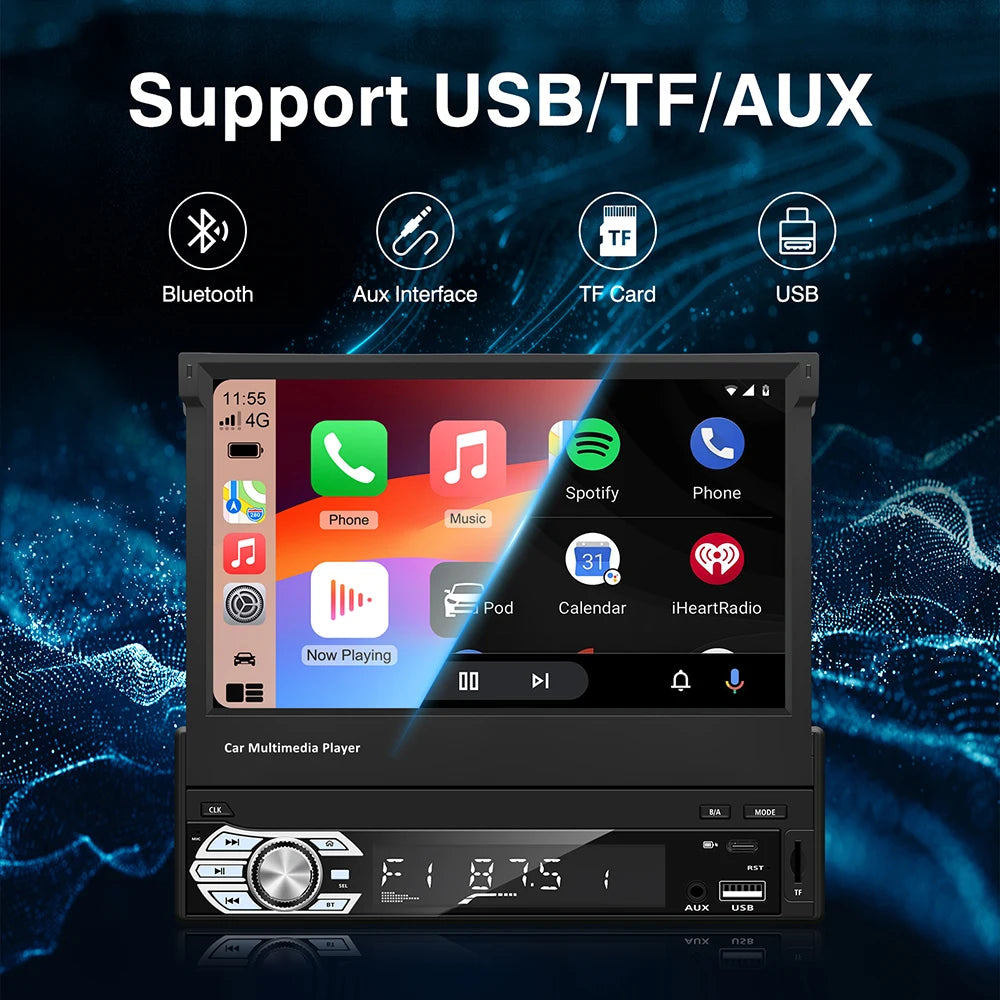 Carplay Android Auto Universal 1 Din MP5 Player 7 Inch Retractable Touch Screen Car Player HD FM AUX Input BT Radio Mirror Link