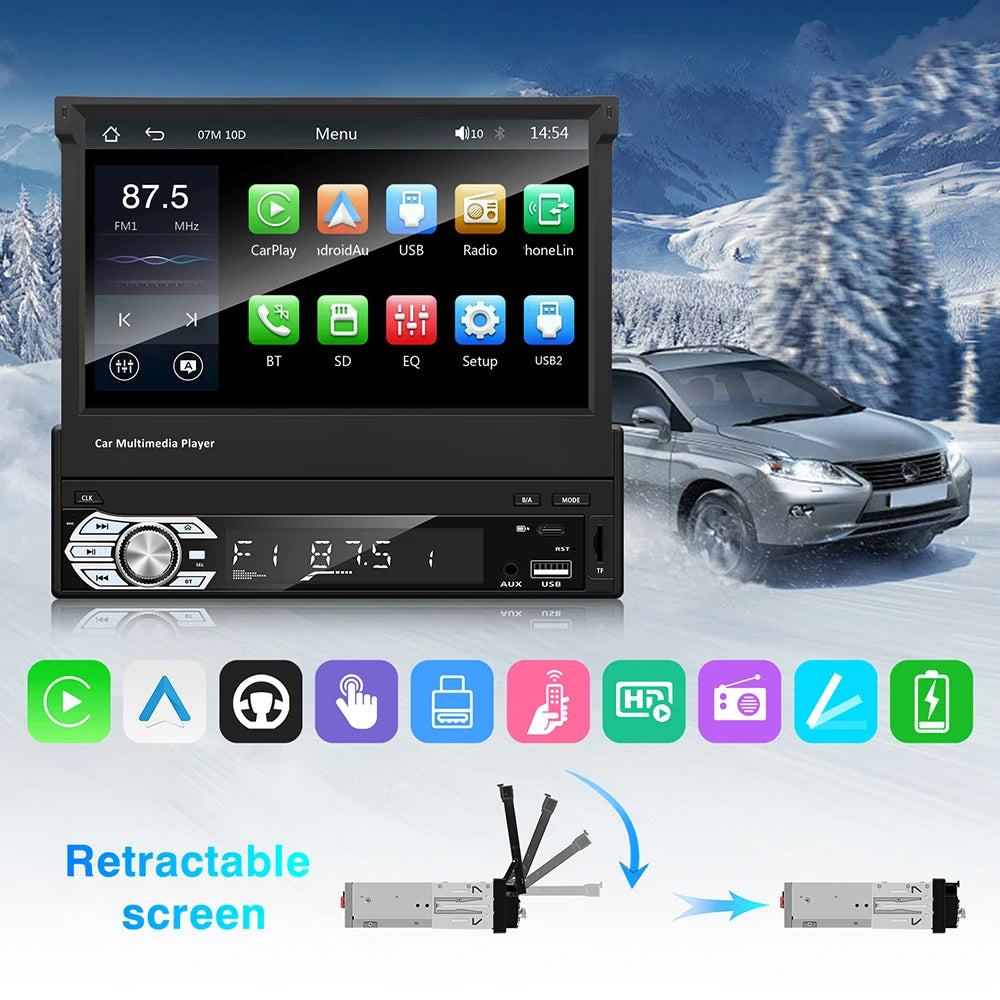 Carplay Android Auto Universal 1 Din MP5 Player 7 Inch Retractable Touch Screen Car Player HD FM AUX Input BT Radio Mirror Link