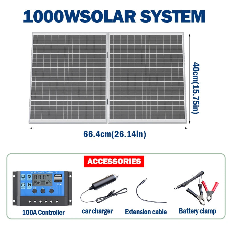1000W Solar Panel Foldable Design with 12V Output High-Efficiency Portable Power Station for RV, Camping, Off-Grid Emergency Use