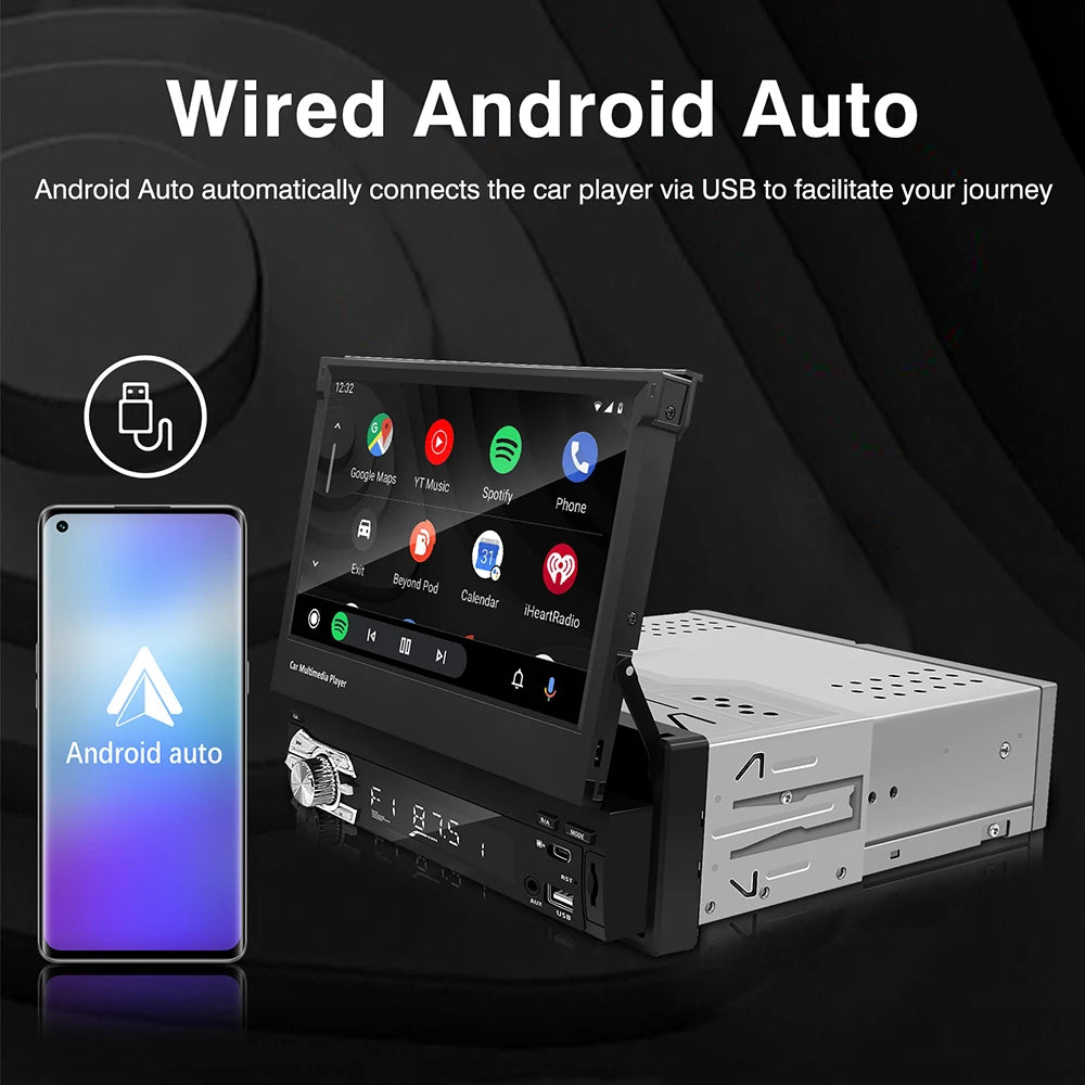 Carplay Android Auto Universal 1 Din MP5 Player 7 Inch Retractable Touch Screen Car Player HD FM AUX Input BT Radio Mirror Link