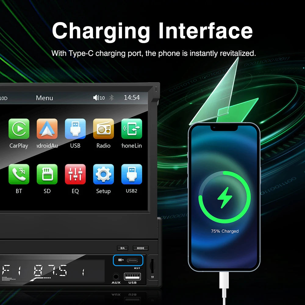 Carplay Android Auto Universal 1 Din MP5 Player 7 Inch Retractable Touch Screen Car Player HD FM AUX Input BT Radio Mirror Link