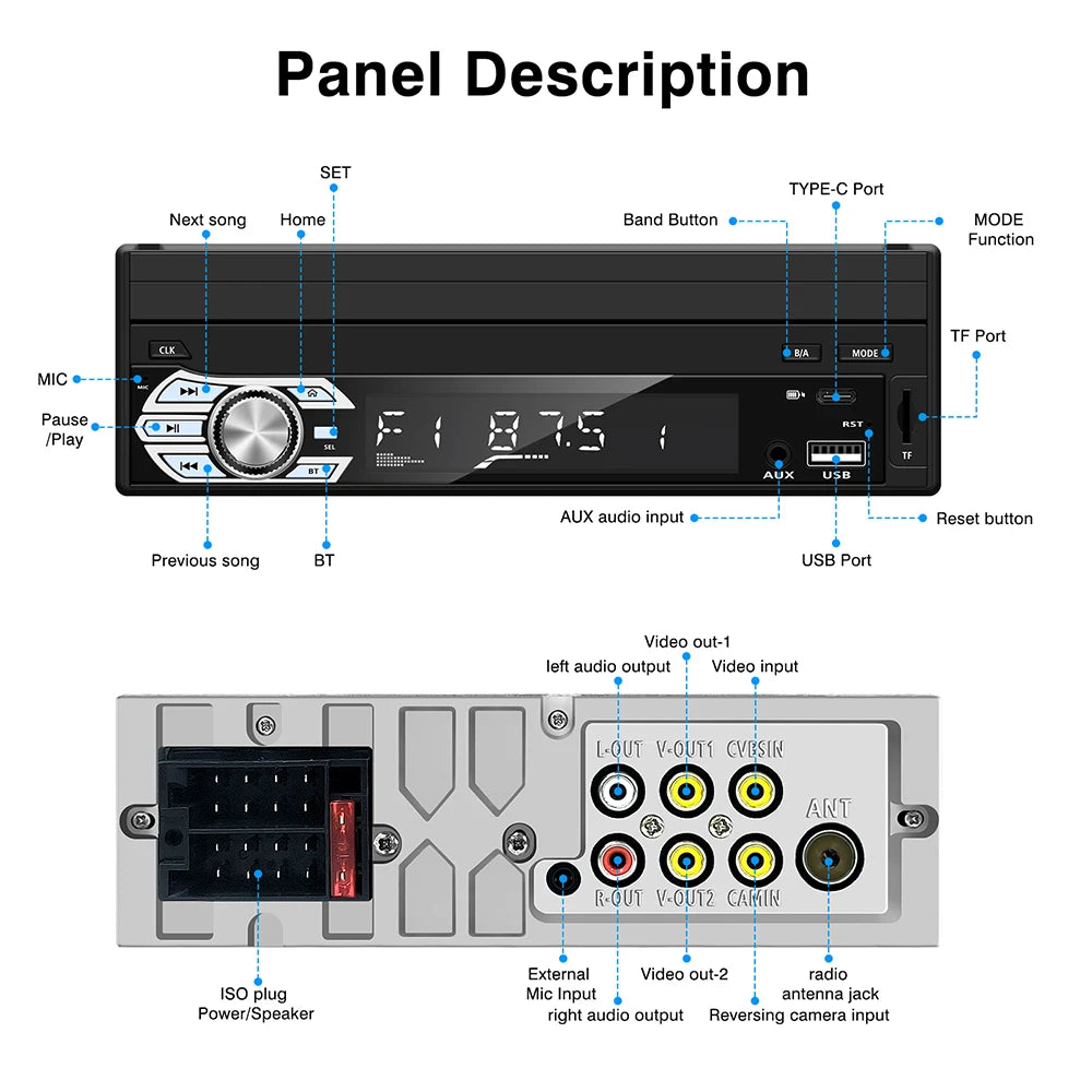 Carplay Android Auto Universal 1 Din MP5 Player 7 Inch Retractable Touch Screen Car Player HD FM AUX Input BT Radio Mirror Link